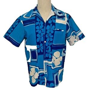 Men's Sz Lg Vintage 1950s ALFRED SHAHEEN Hawaiian Retro Shirt Blue White Floral